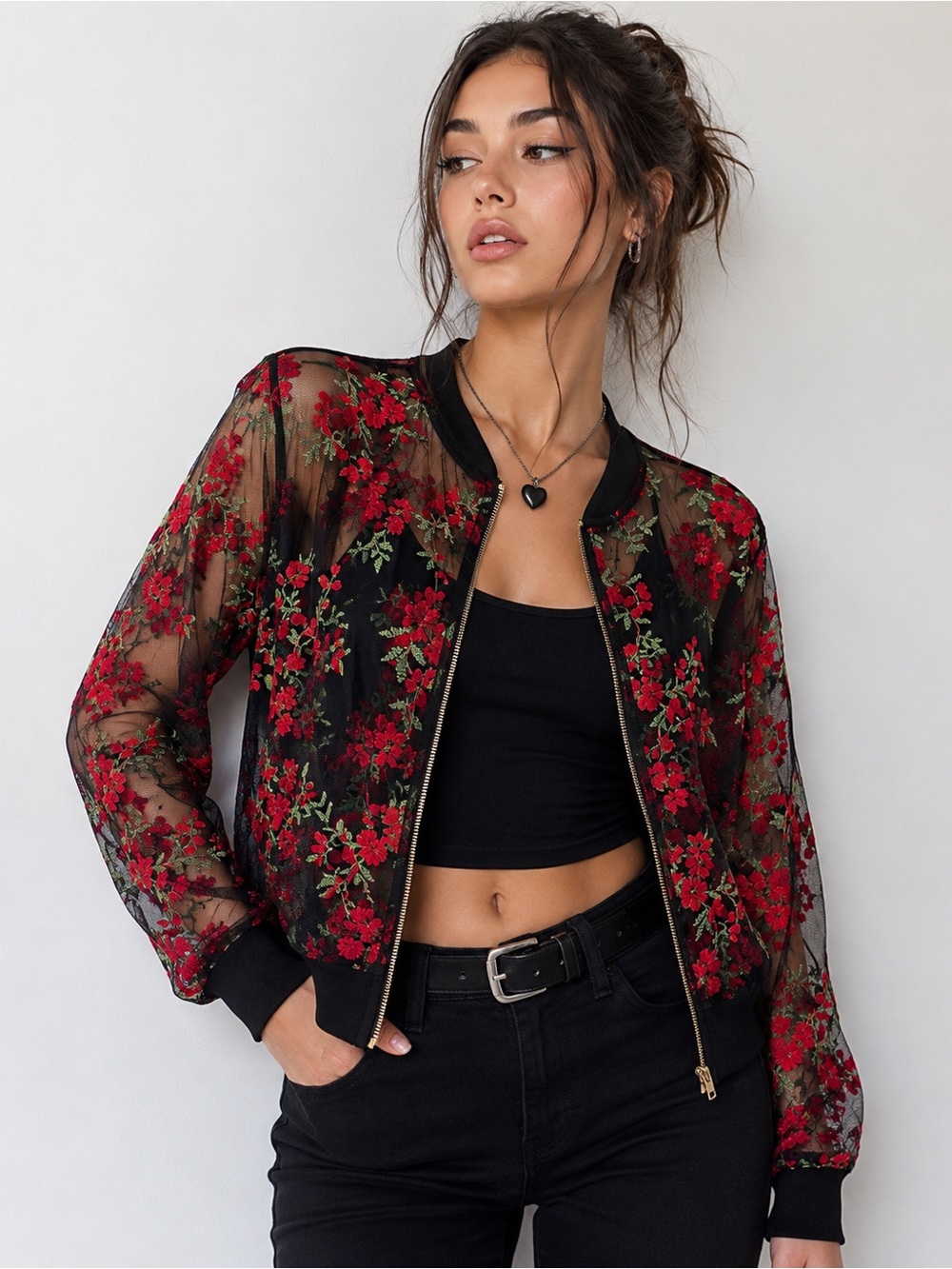 Anandas Collection Sheer Floral Embroidered Mesh Bomber Jacket XL Y2K Whimsigoth